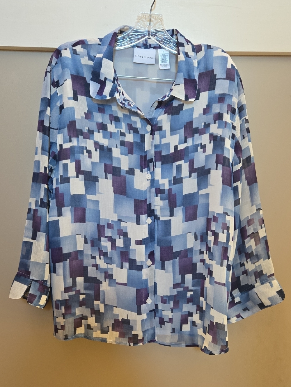 Alfred Dunner Blue, Purple, and White Geometric Button-Front Blouse